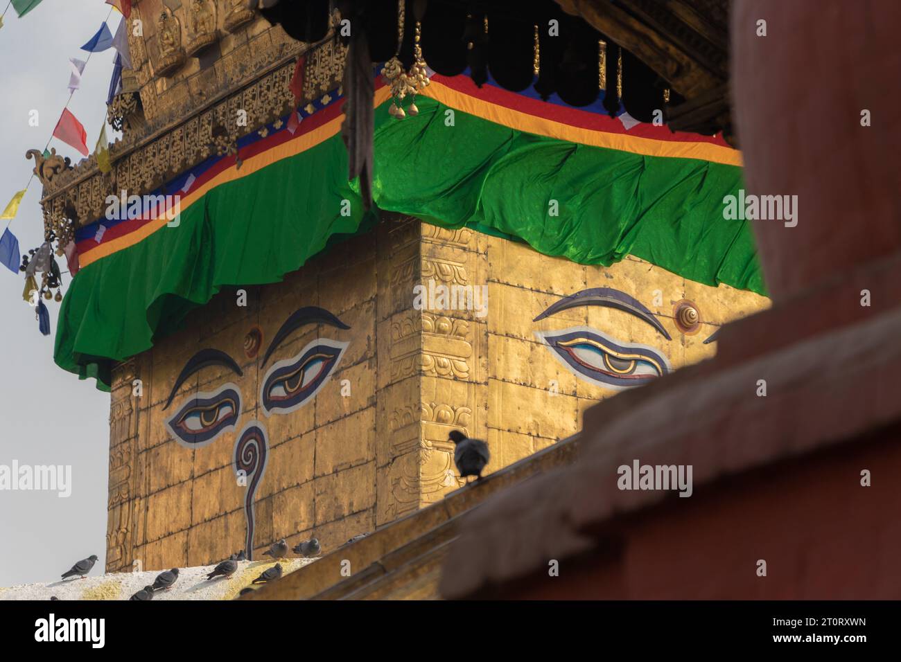 Wisdom eyes of Buddha at Swayambhunath, Kathmandu, Nepal, which is one of the World Heritage Site declared by UNESCO and is one of the top travel dest Stock Photo