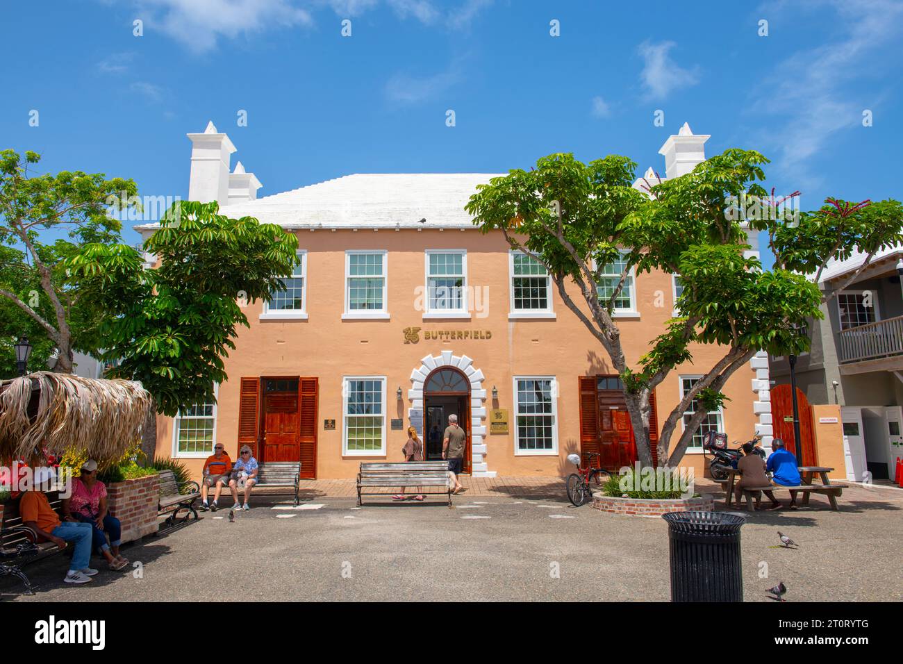 Butterfield Bank at King's Square in St. George's town center in Bermuda. Historic Town of St. George is a World Heritage Site since 2000. Stock Photo