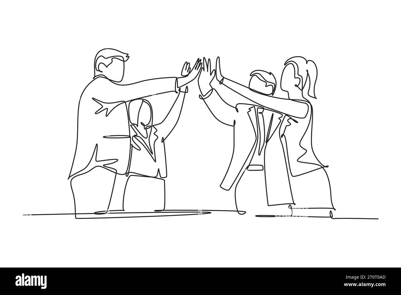 Single continuous line drawing of businessmen and businesswomen celebrating their successive goal at business meeting with high five gesture. Business Stock Photo