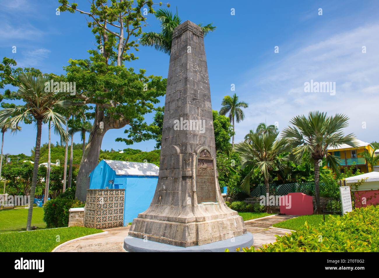 Sir George Somers Memorial at Somers Garden in town center of St. George's in Bermuda. Historic Town of St. George is a World Heritage Site since 2000 Stock Photo