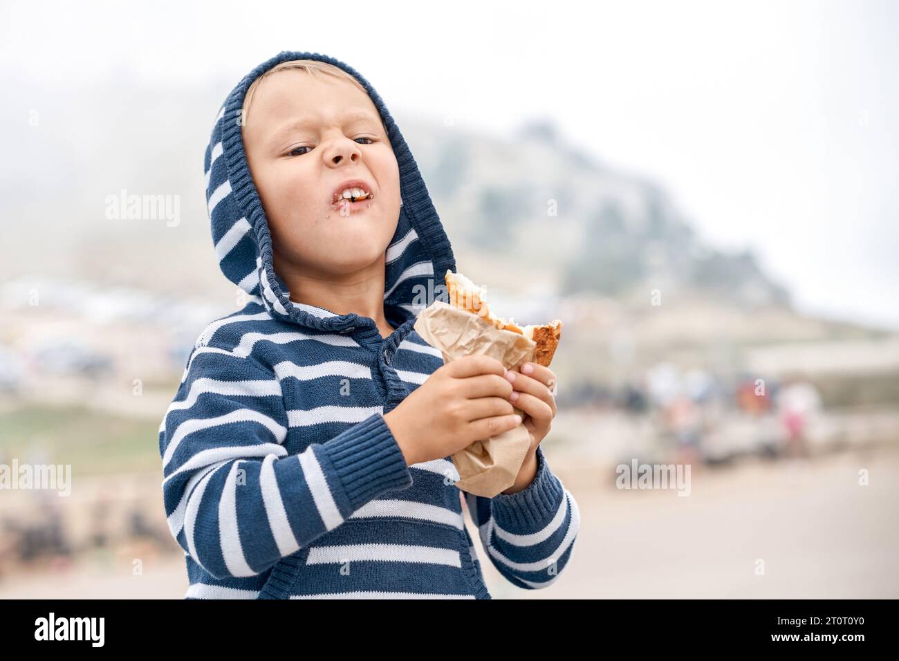 Funny little boy in hoodie makes grimace holding sandwich in mountain park. Playful child enjoy healthy snack resting on travel. Cute kid with bun Stock Photo