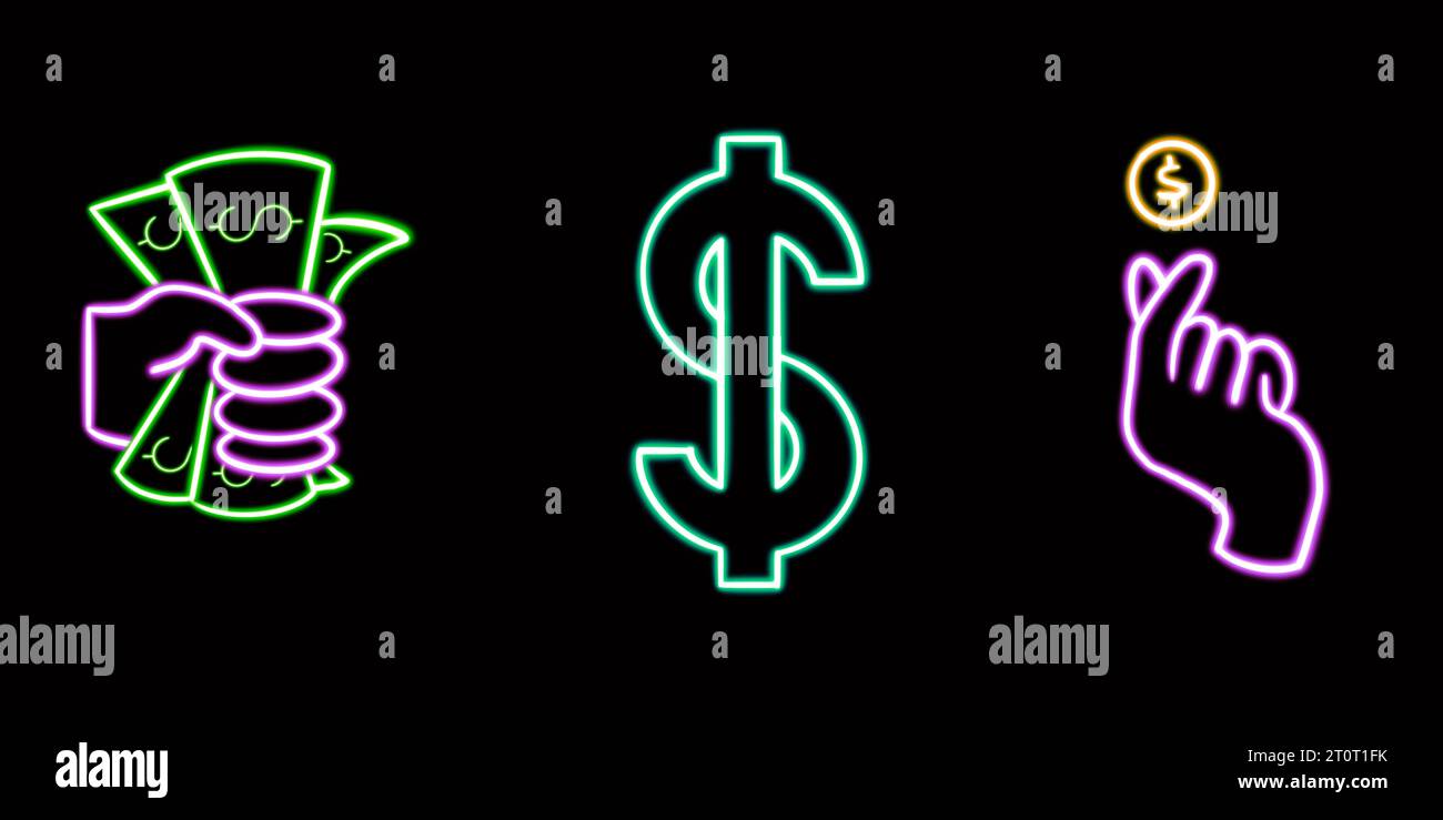 Neon Finance Set, Dollar Bill, Hand, Coin. glowing desktop icon, neon sticker, neon figure, glowing figure, neon geometrical figures  Stock Photo