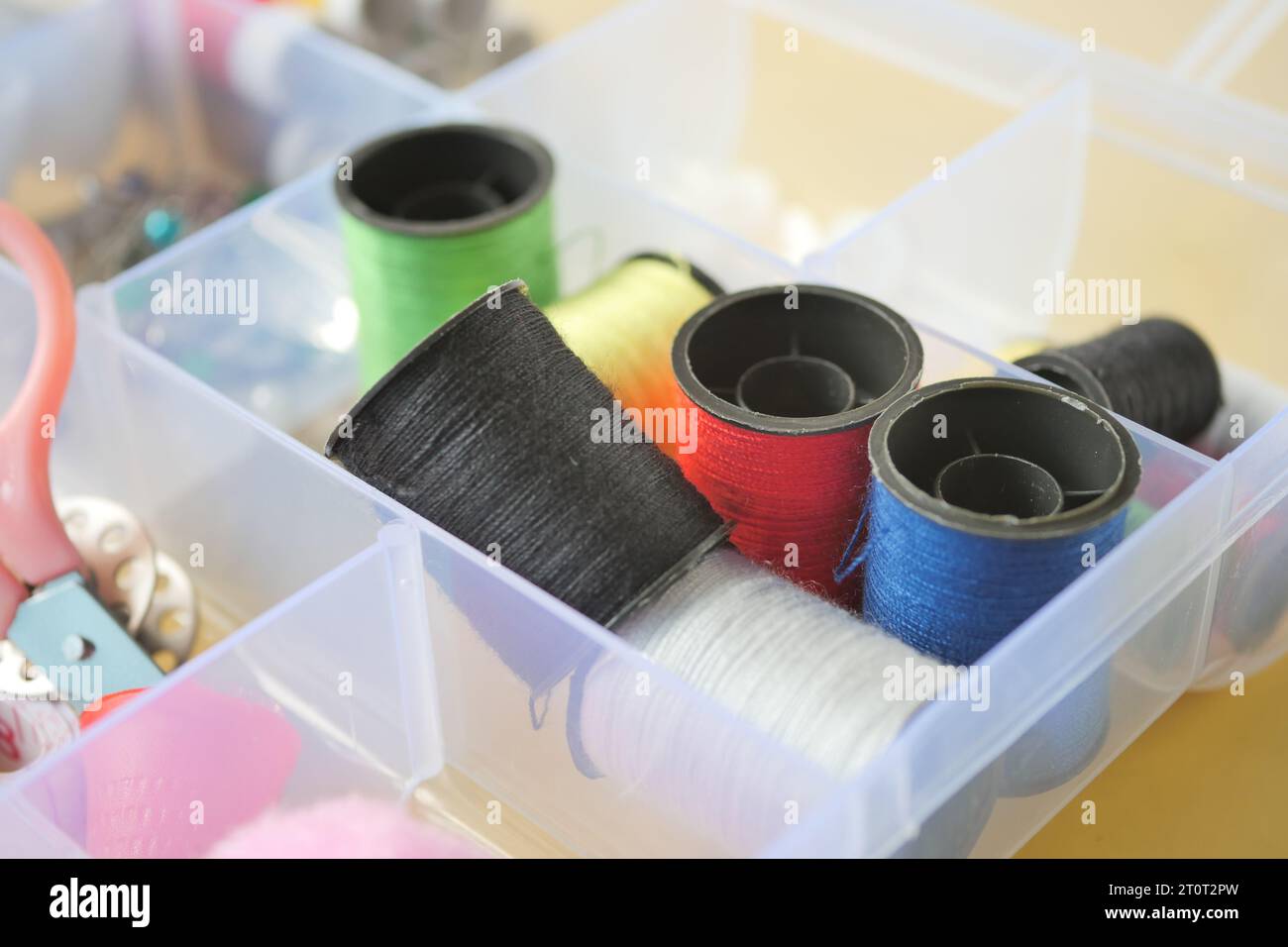 Tools and accessories for sewing on color background  Stock Photo