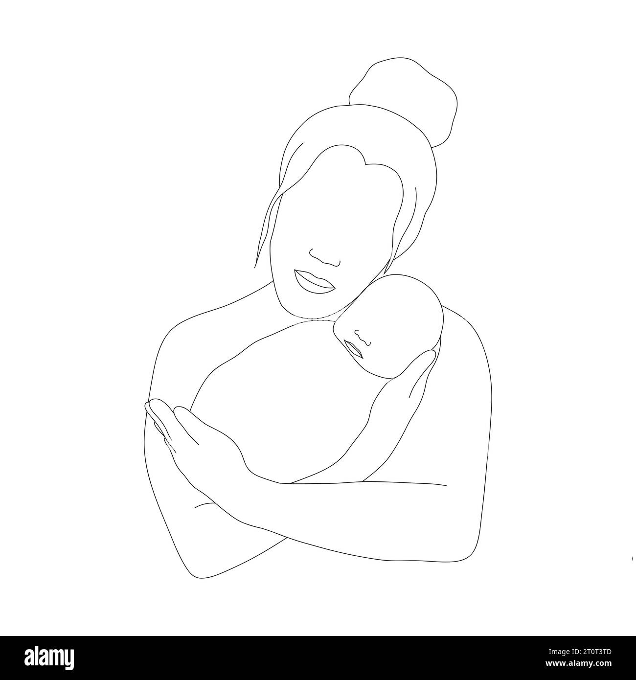 Mother and child in linear style. Happy mom hugging her newborn baby. One line art. Minimalistic vector illustration. Abstract family silhouette Stock Vector