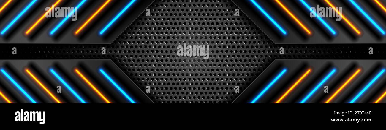 Futuristic perforated technology abstract background with blue orange ...