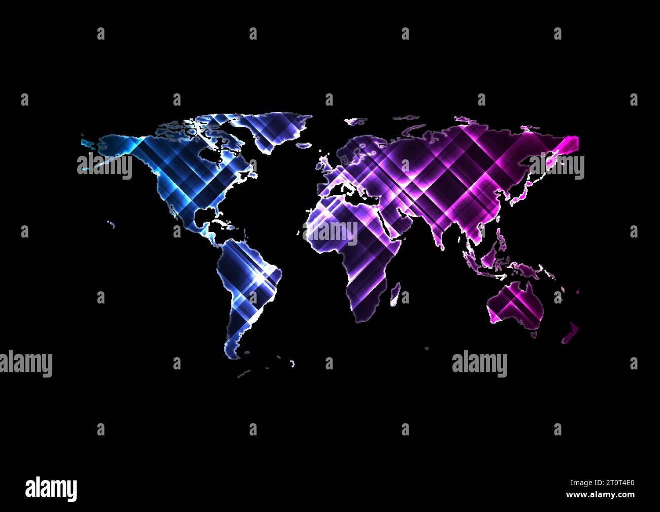 Bright glowing neon blue and purple abstract world map on night. Vector background Stock Vector