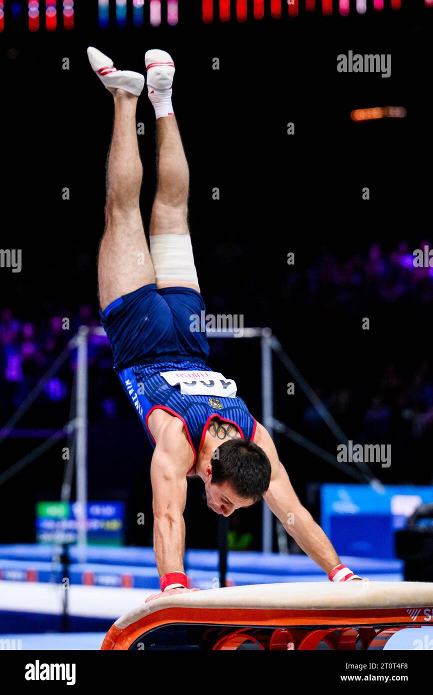 Antwerpen, Belgium. 08th Oct, 2023. Gymnastics: World Championship 2023, Men, Final, Vault, Sportpaleis. Artur Davtyan from Armenia in action on vault. Credit: Tom Weller/dpa/Alamy Live News Stock Photo