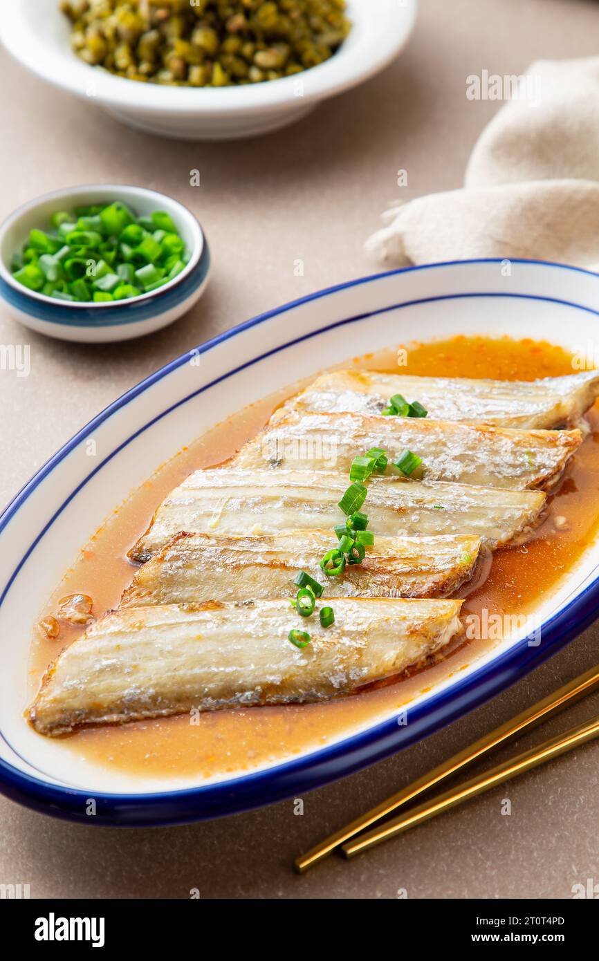 steamed beltfish (largehead hairtail), daiyu, Chinese food close up.grilled ribbon fish .top