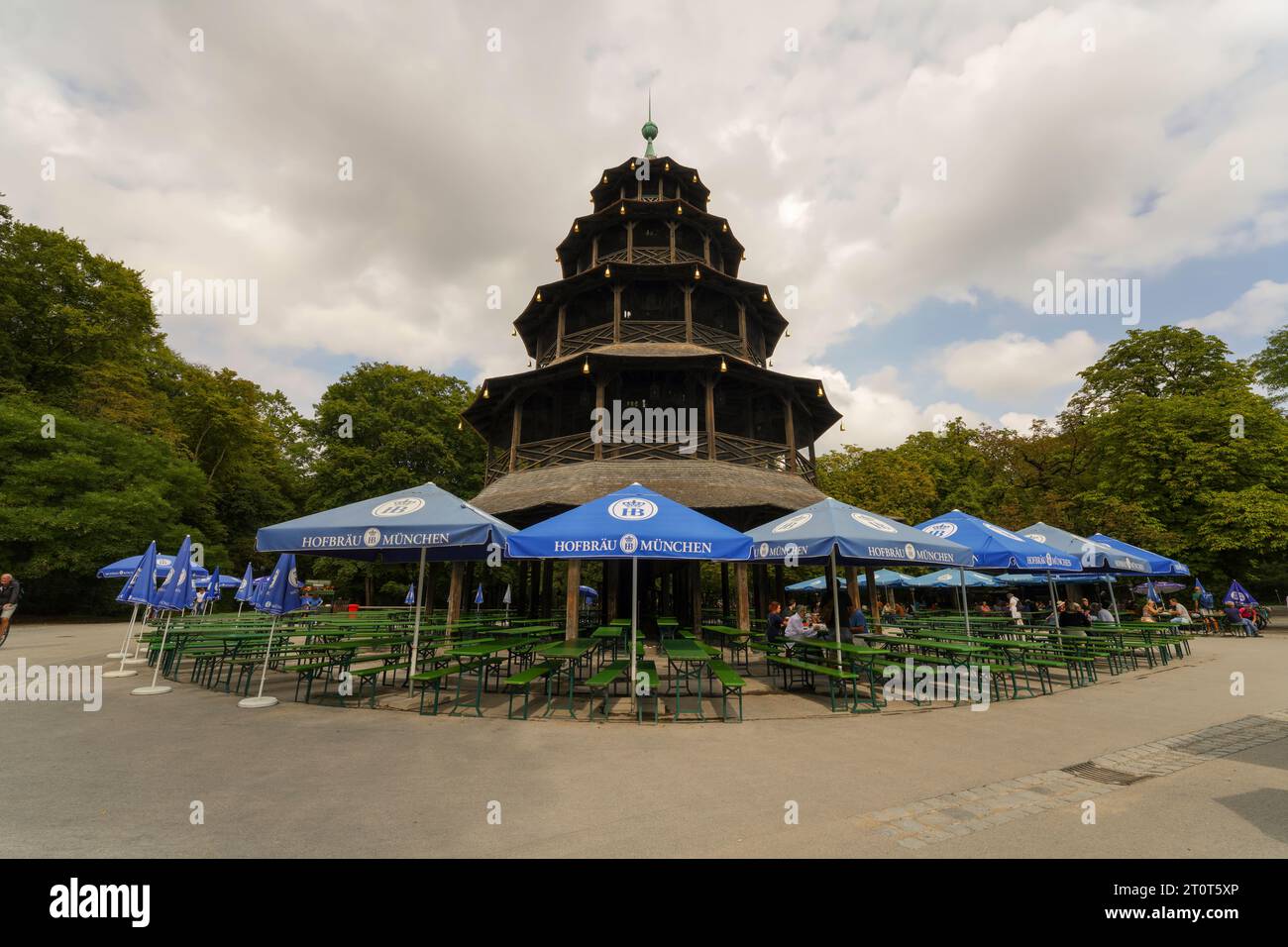 Munich, Germany, EU - Sept. 14, 2023. Munich English Garden, Englischer Garten in Munich city, with the Chinese Tower beer garden, Chinesischer Turm. Stock Photo