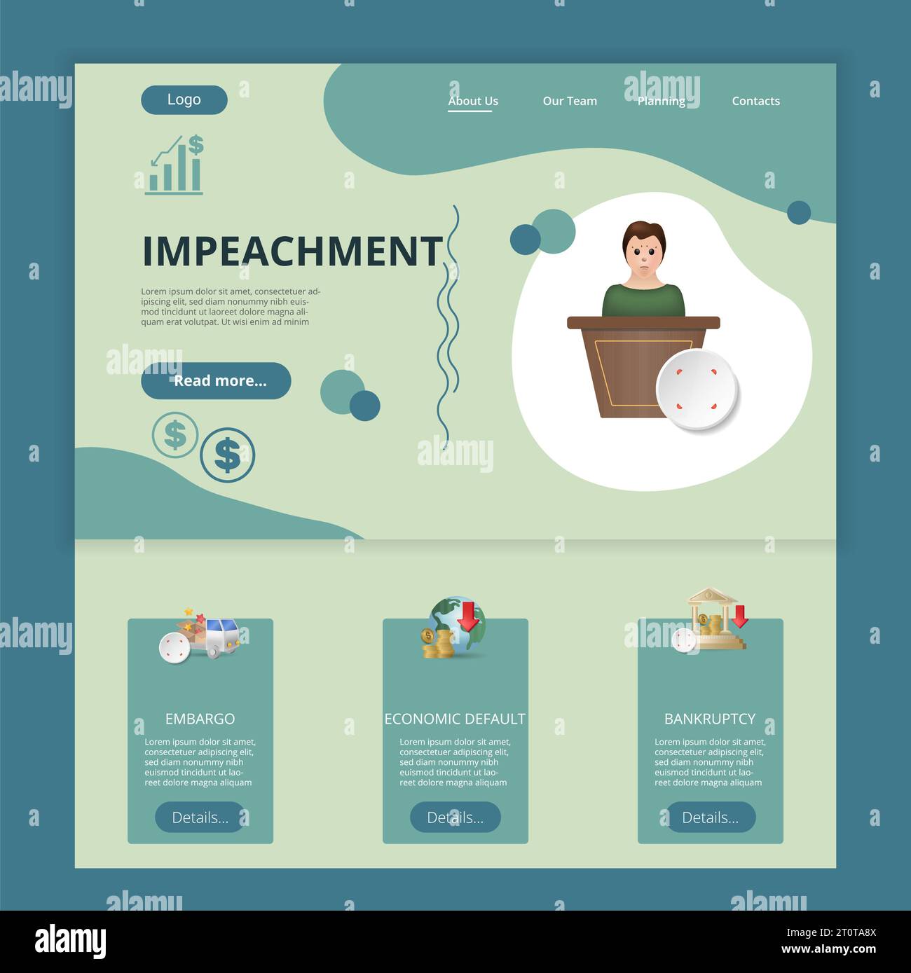Impeachment flat landing page website template. Embargo, economic default, bankruptcy. Web banner with header, content and footer. Vector illustration Stock Vector