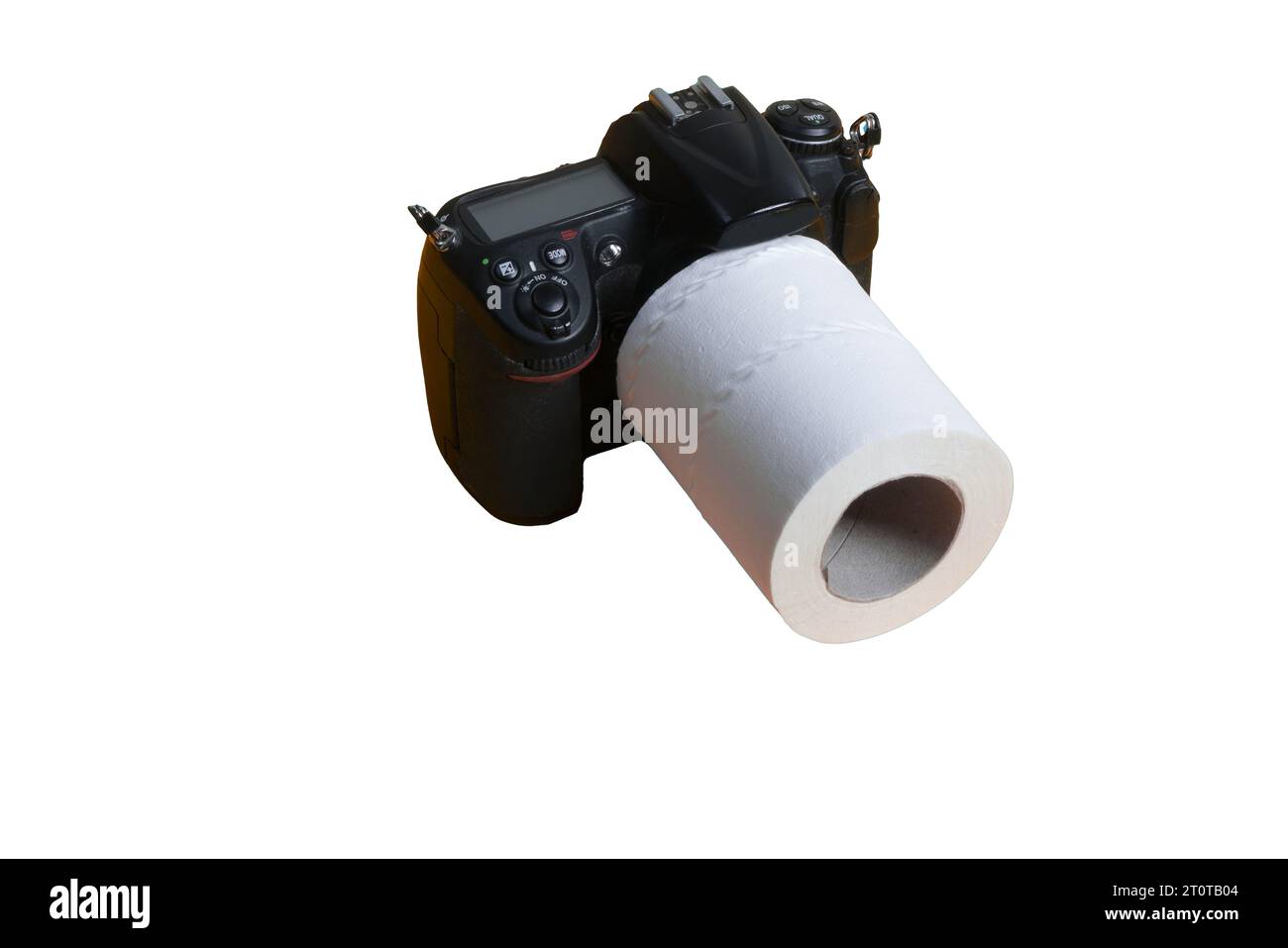An SLR camera with a roll of toilet paper as a lens Stock Photo