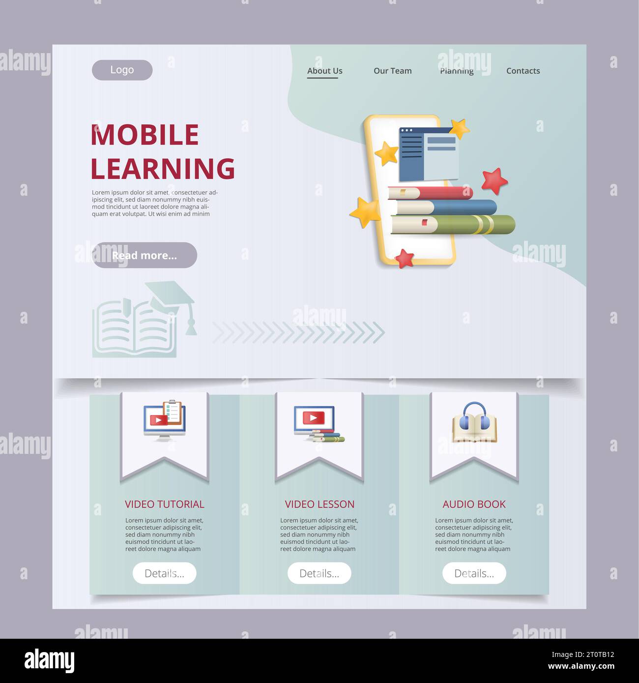 Mobile learning flat landing page website template. Video tutorial ...
