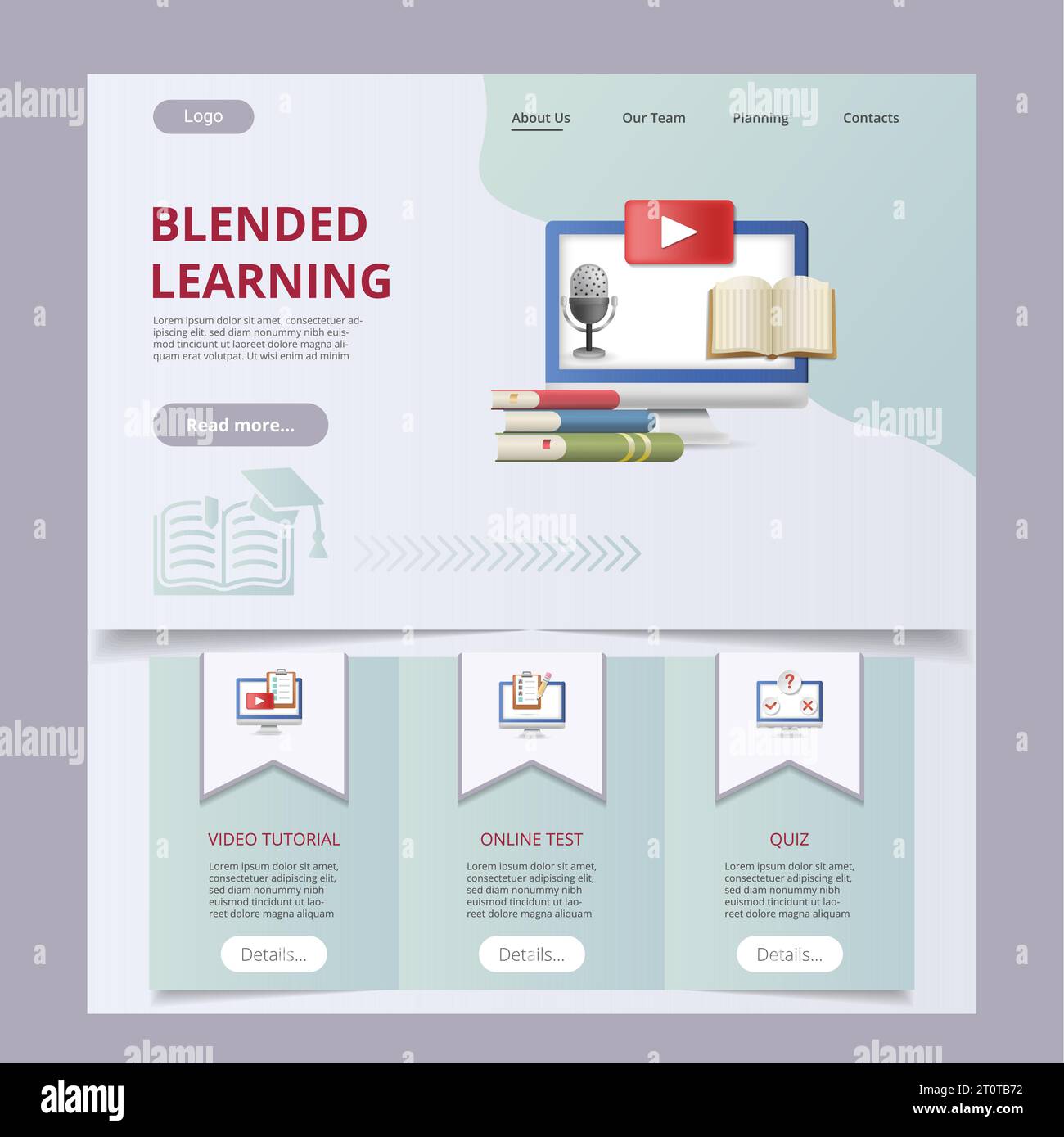 Blended learning flat landing page website template. Video tutorial, online test, quiz. Web banner with header, content and footer. Vector Stock Vector