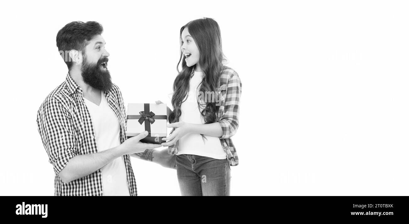 You care by giving gifts. Happy family enjoy gift giving. Small child