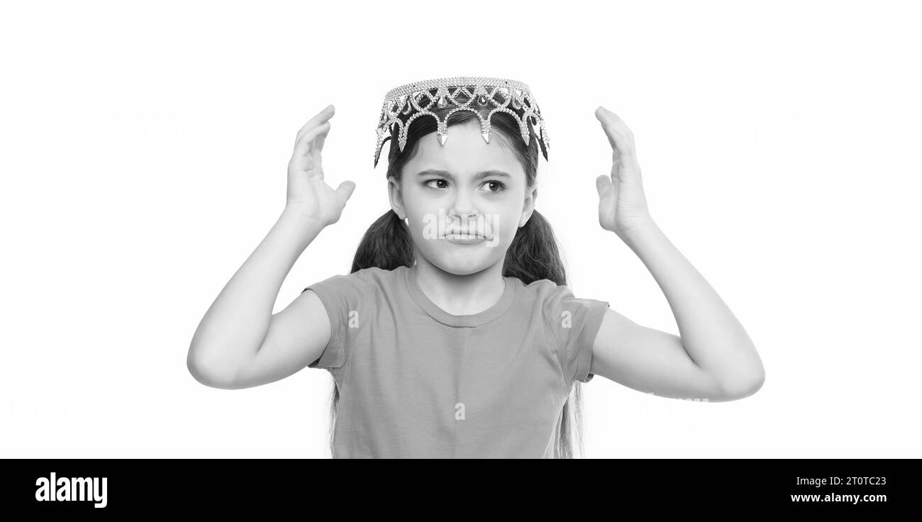 Lady little princess. Royal family. Behaving like princess is work. Kid wear golden crown symbol of princess. Girl cute child wear crown. Childhood Stock Photo