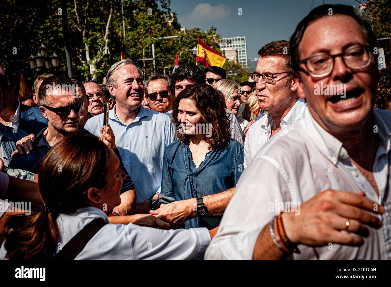 Barcelona, Spain. October 8, 2023, Barcelona, Spain: Madrid regional president Isabel Diaz Ayuso of Partido Popular and Partido Popular's leader Alberto Nunez Feijoo demonstrate in Barcelona against the plans of Spain's provisional government to agree with Catalan forces on a possible amnesty law that would include former Catalan president Carles Puigdemont. Credit: Jordi Boixareu/Alamy Live News Stock Photo