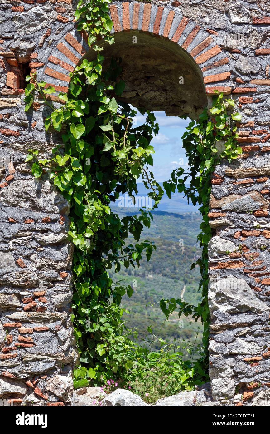 Ivy leaves slowly surrounding an ancient stone-built bastion, at the byzantine castle of Mystras, in Laconia region, Peloponnese, Greece, Europe Stock Photo