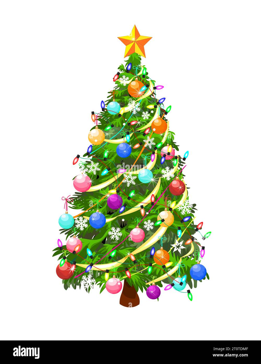 Christmas tree decorated with garlands, balls, and snowflakes, on a white background. Stock Vector