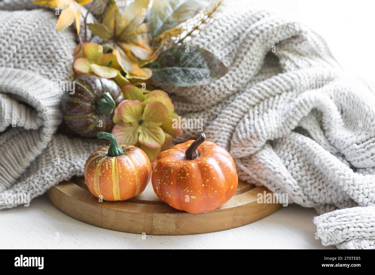 Autumn still life with pumpkins, leaves and knitted element Stock Photo ...