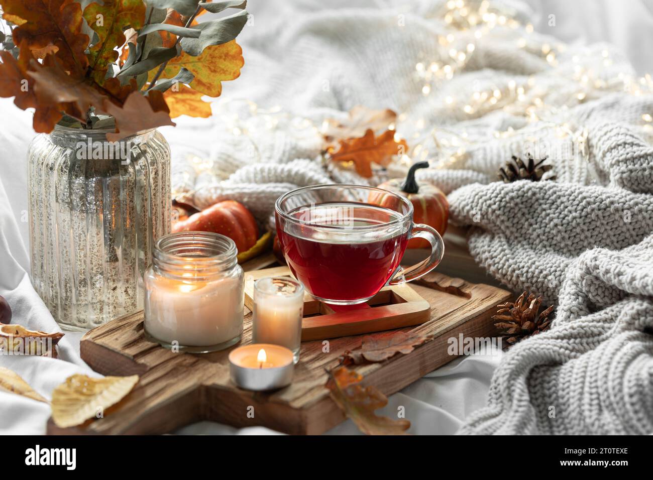 Autumn composition with a cup of tea, leaves and a knitted element ...