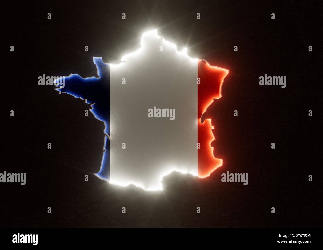The shape of the country of France in the rim lit in colours of its national flag recessed into a dark surface - 3D render Stock Photo