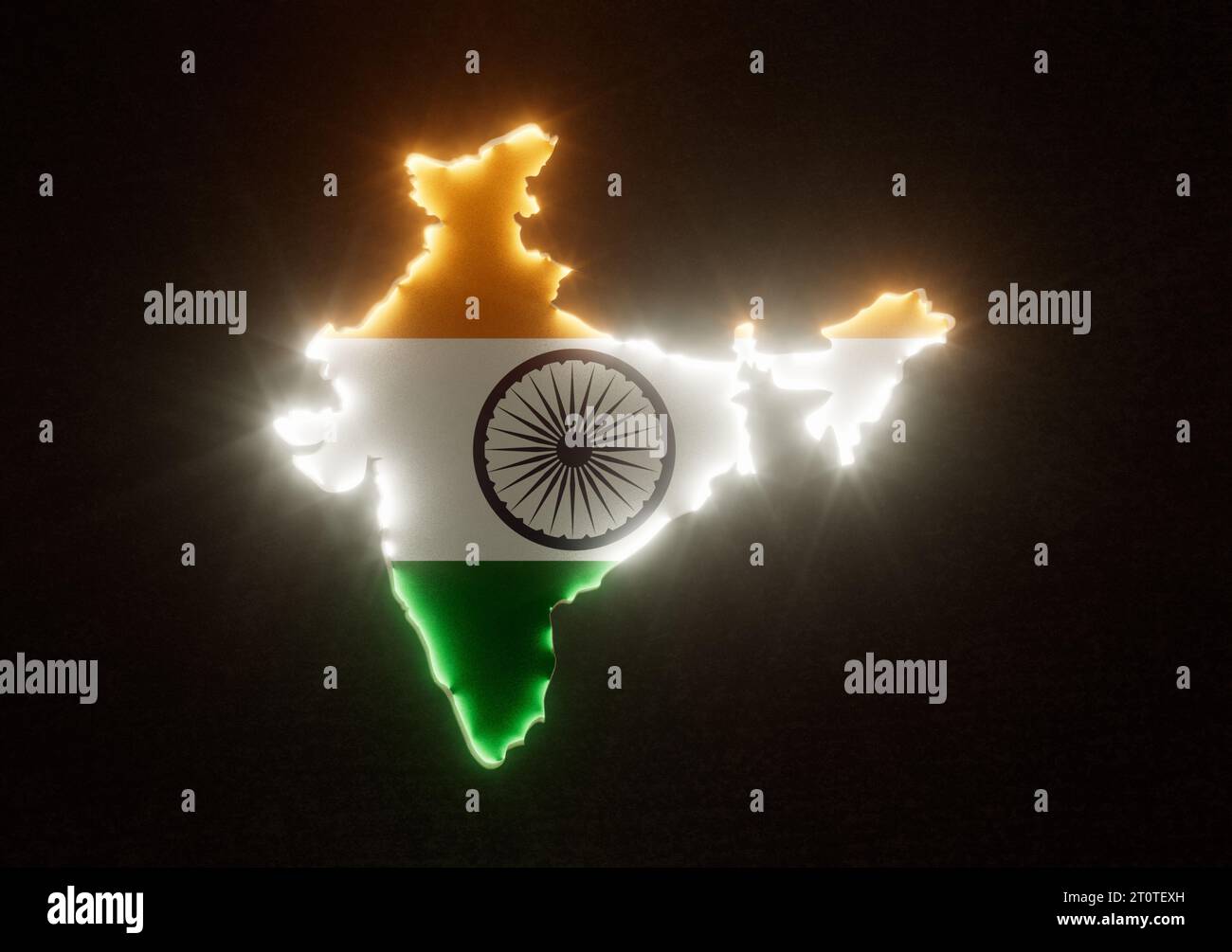 The shape of the country of India in the rim lit in colours of its national flag recessed into a dark surface - 3D render Stock Photo