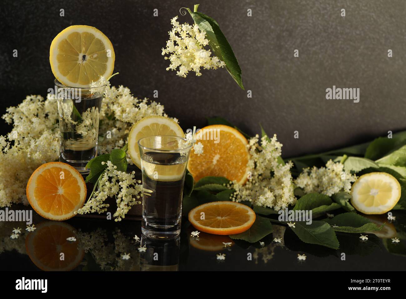 glasses with elderflower liqueur with decoration of elder flowers and sliced citrus on black background Stock Photo