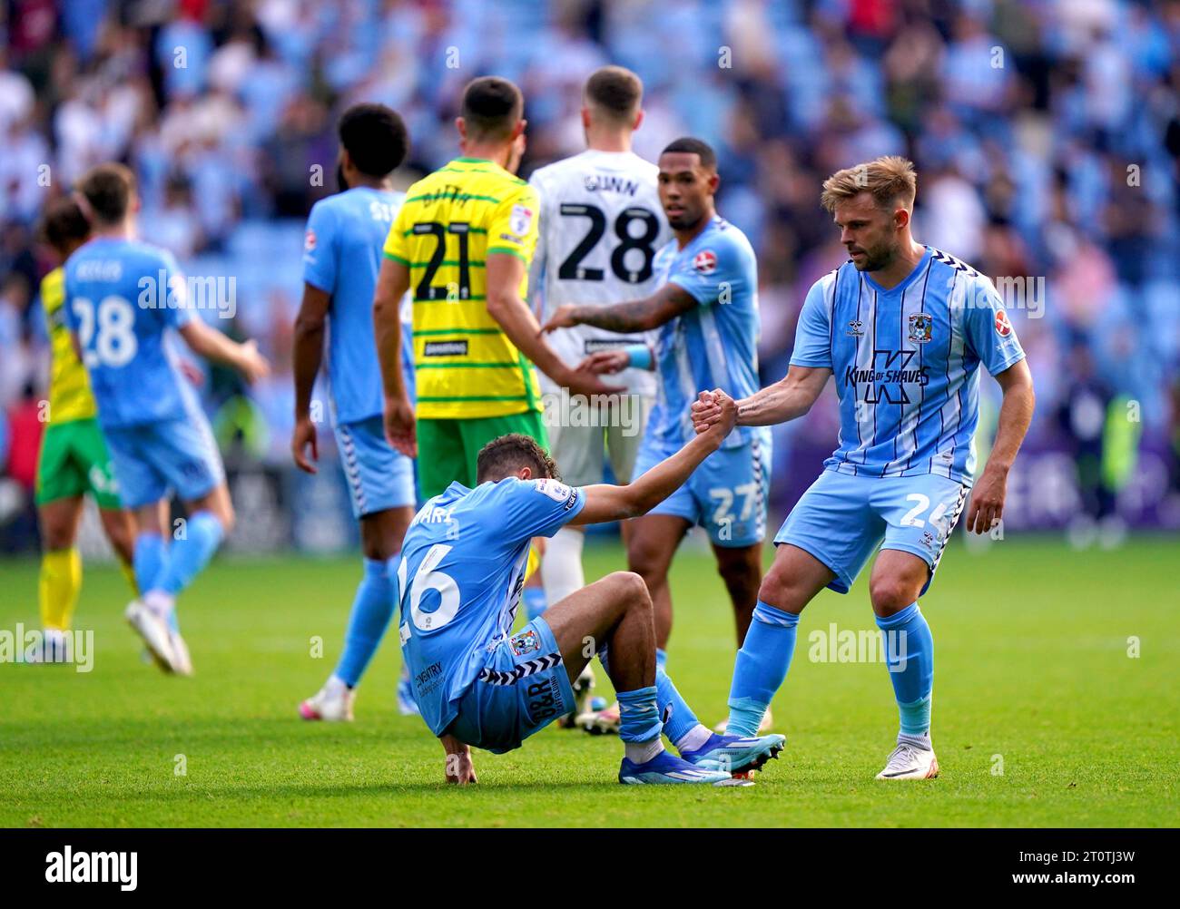 Coventry City's Matthew Godden helps team-mate Yasin Ayari to his feet at the end of the Sky Bet Championship match at the Coventry Building Society Arena, Coventry. Picture date: Saturday October 7, 2023. Stock Photo