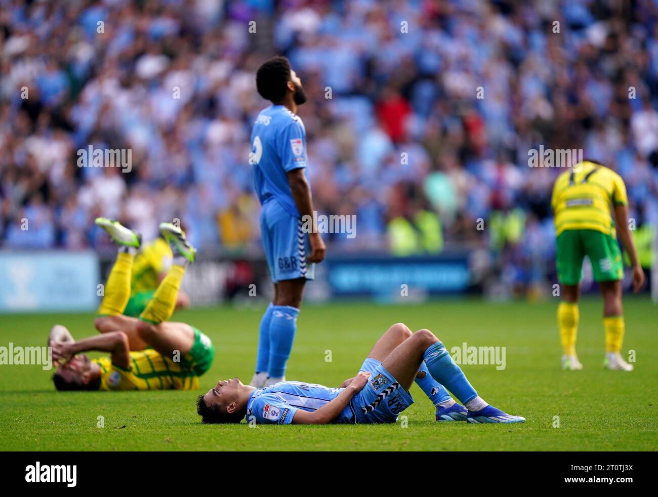 Coventry City's Yasin Ayari lies on the pitch at the end of the Sky Bet Championship match at the Coventry Building Society Arena, Coventry. Picture date: Saturday October 7, 2023. Stock Photo