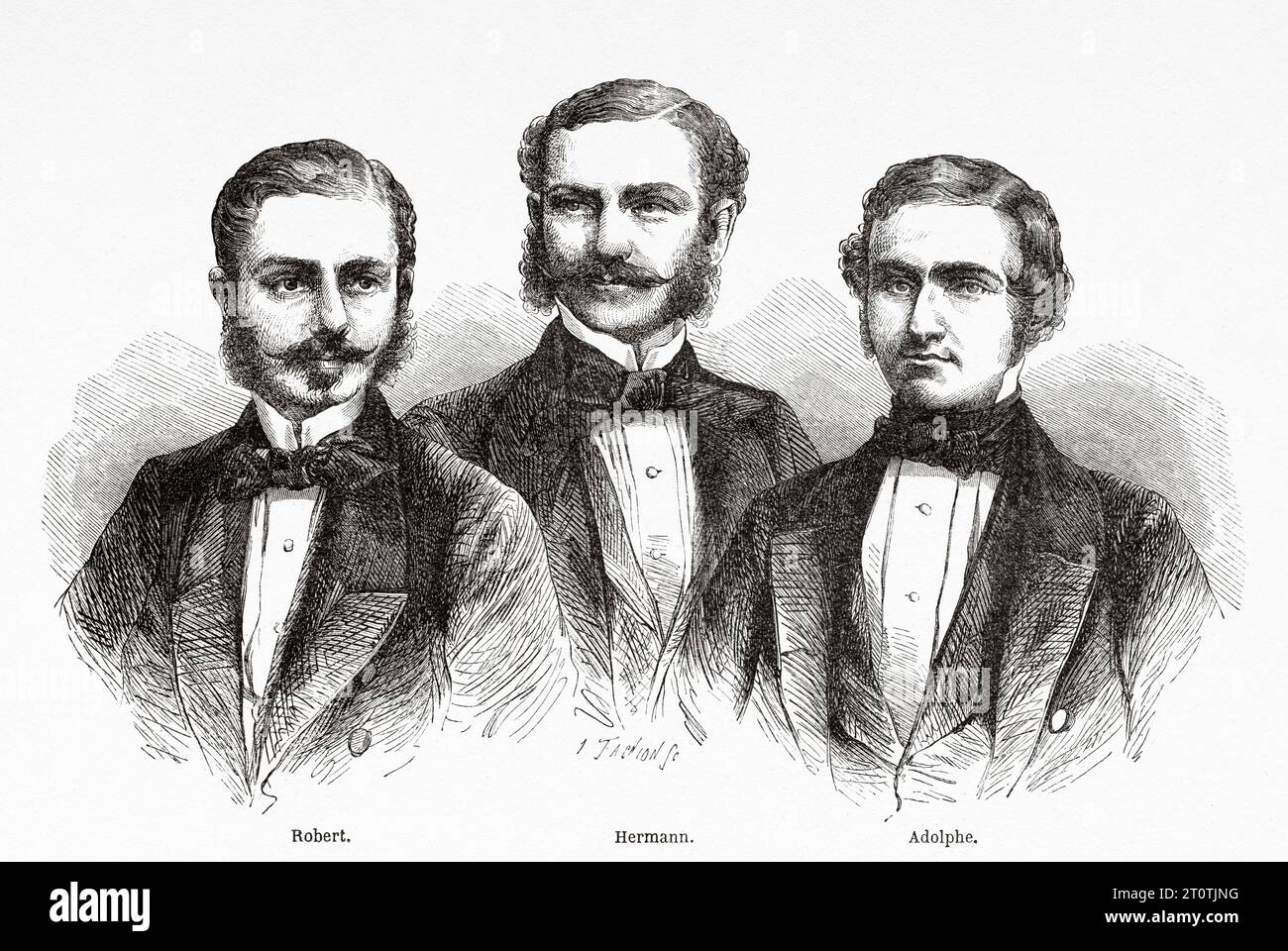 Schlagintweit brothers. The German explorers Adolf Schlagintweit (1829-1857) Hermann Schlagintweit (1826-1882) Robert Schlagintweit (1833-1885) Old 19th century engraving from Le Tour du Monde 1860 Stock Photo