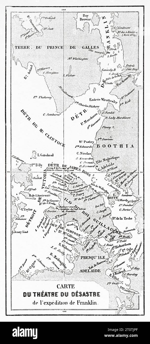 Old map of Arctic region of Sir John Franklin expedition disaster. Story of Franklin's lost expedition in the Arctic (1786-1847) Old 19th century engraving from Le Tour du Monde 1860 Stock Photo