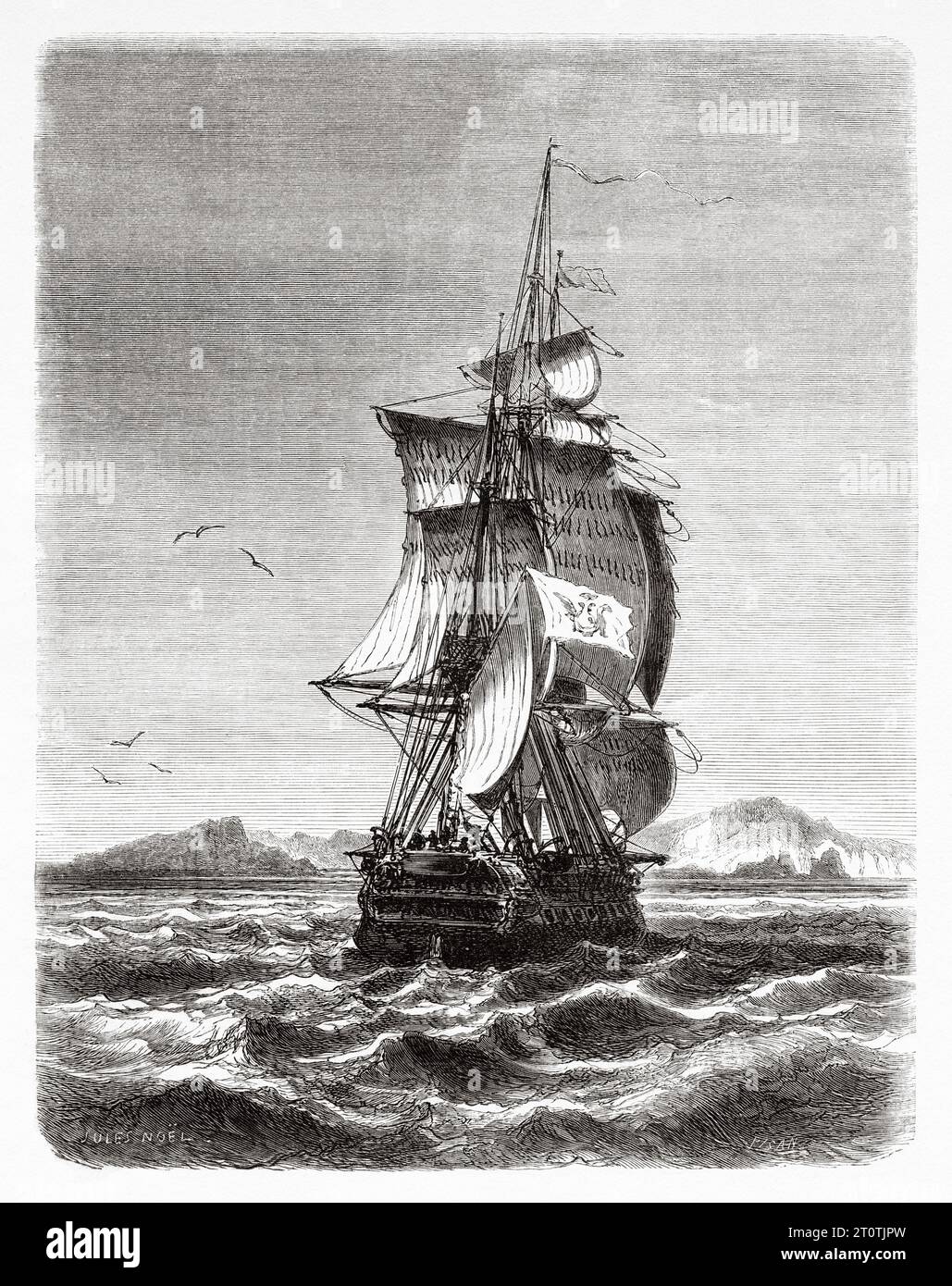 SMS Novara was a sail frigate of the Austro-Hungarian Navy most noted for sailing the globe for the Novara Expedition of 1857–1859 and, later for carrying Archduke Maximilian and wife Carlota to Veracruz in May 1864 to become Emperor and Empress of Mexico. Old 19th century engraving from Le Tour du Monde 1860 Stock Photo