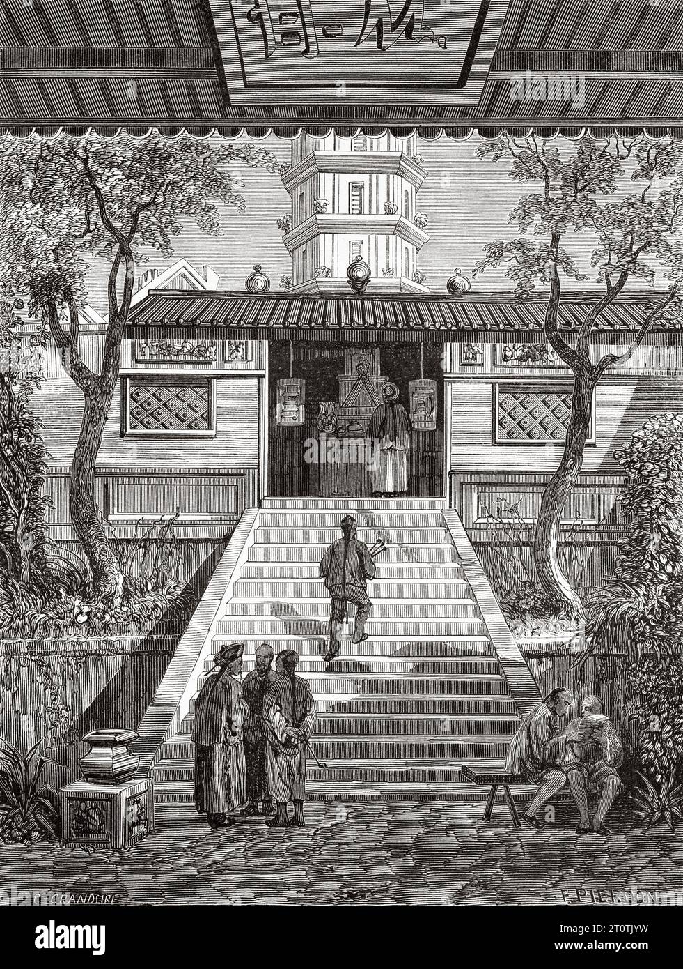 Entrance to the Whampoa pagoda on the Canton river, China, Asia. Travels in China and Japan by the Marquis Alfred de Moges 1857 - 1858. Old 19th century illustration by Eugene Grandsire (1825-1905) from Le Tour du Monde 1860 Stock Photo