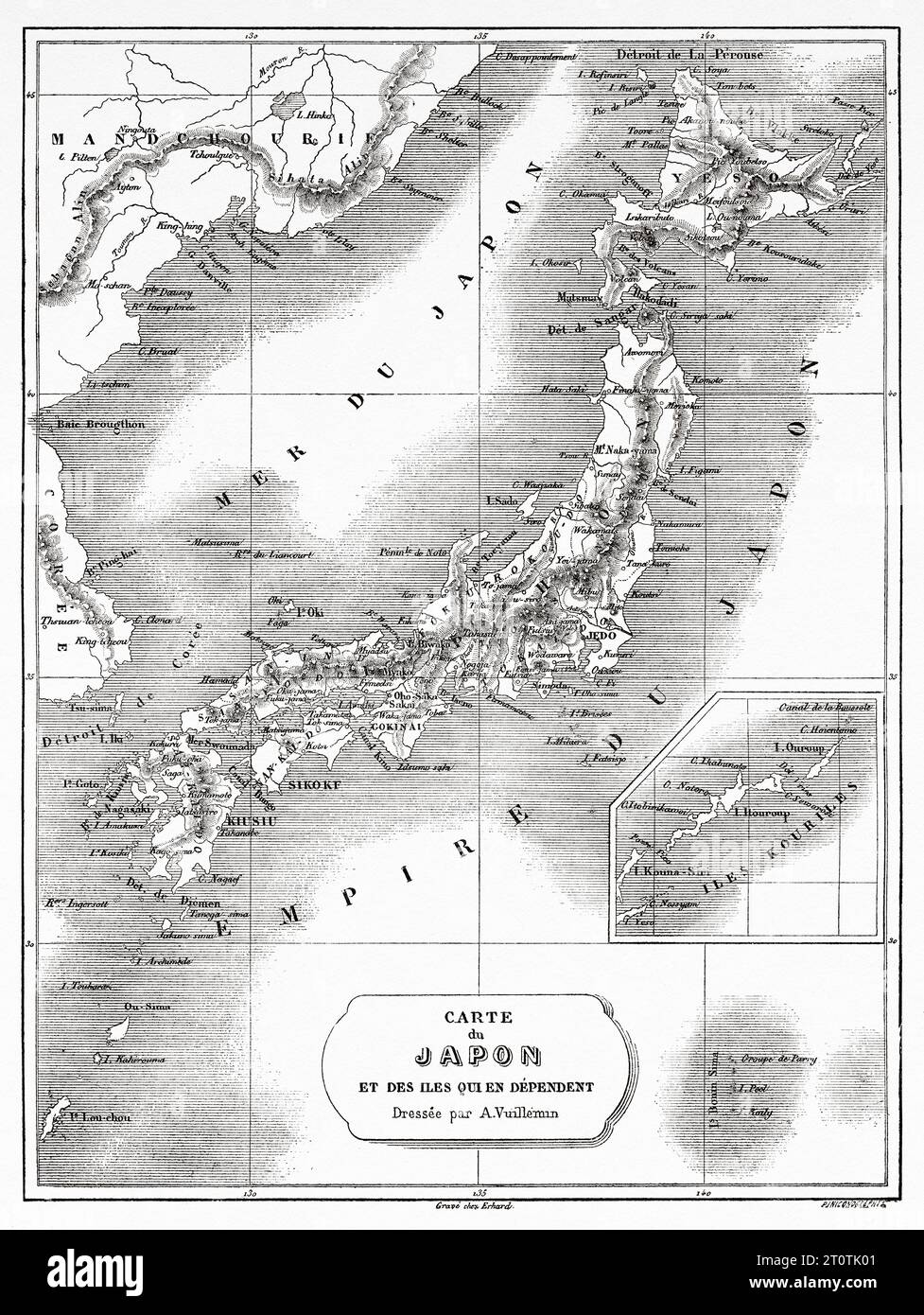 Old map of Japan and its dependent islands, Japan, Asia. Travels in China and Japan by the Marquis Alfred de Moges 1857 - 1858. Old 19th century engraving from Le Tour du Monde 1860 Stock Photo