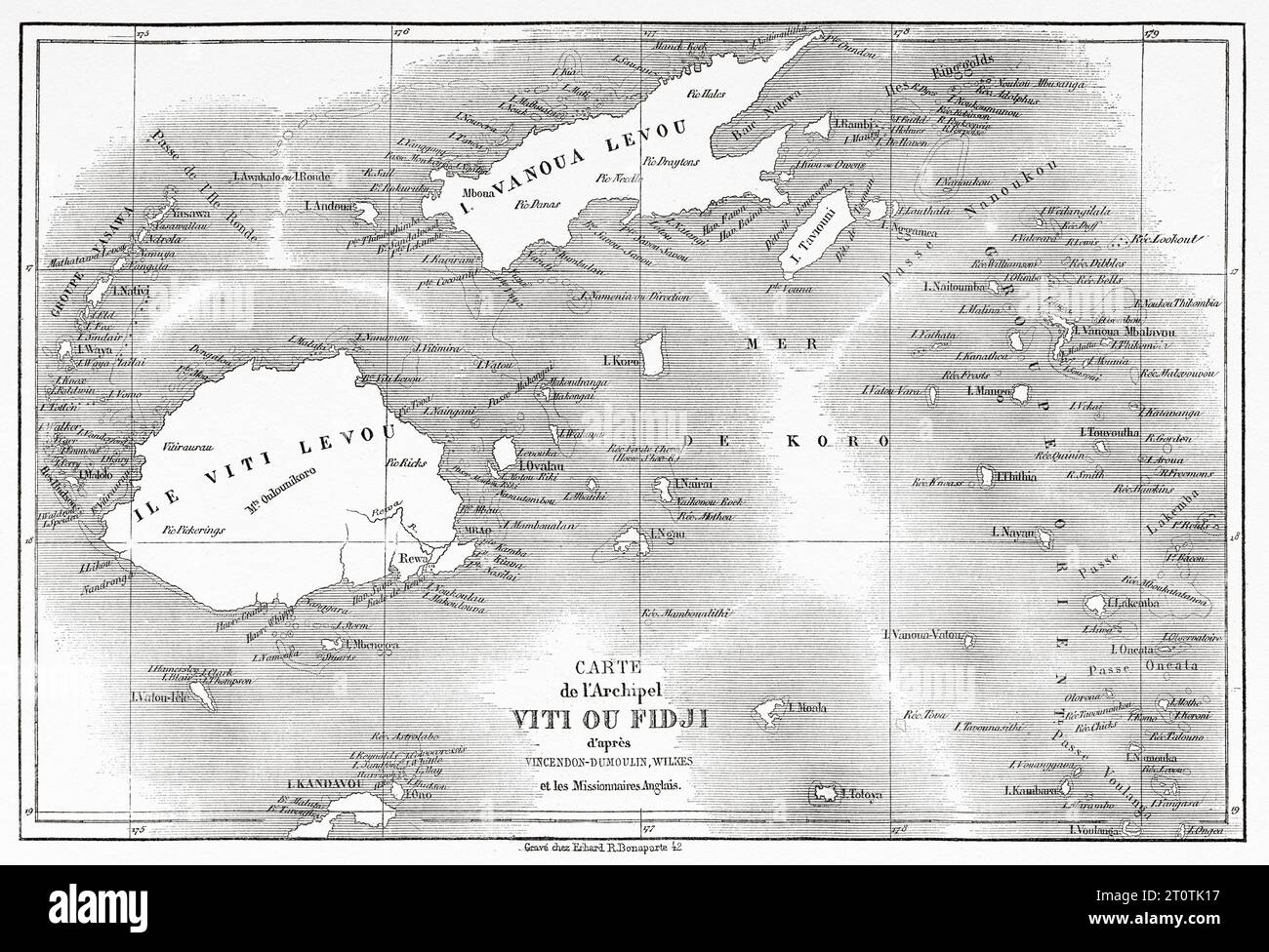Old map of Fiji islands. Melanesia, Oceania in the southwestern Pacific Ocean. Voyage to the Great Viti, great equinoctial ocean by John Denis Macdonald 1855. Old 19th century engraving from Le Tour du Monde 1860 Stock Photo