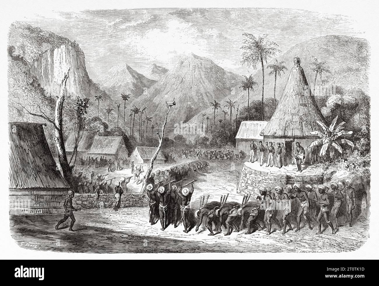 Fiji islands warriors dance, Fiji islands. Melanesia, Oceania in the southwestern Pacific Ocean. Voyage to the Great Viti, great equinoctial ocean by John Denis Macdonald 1855. Old 19th century engraving from Le Tour du Monde 1860 Stock Photo