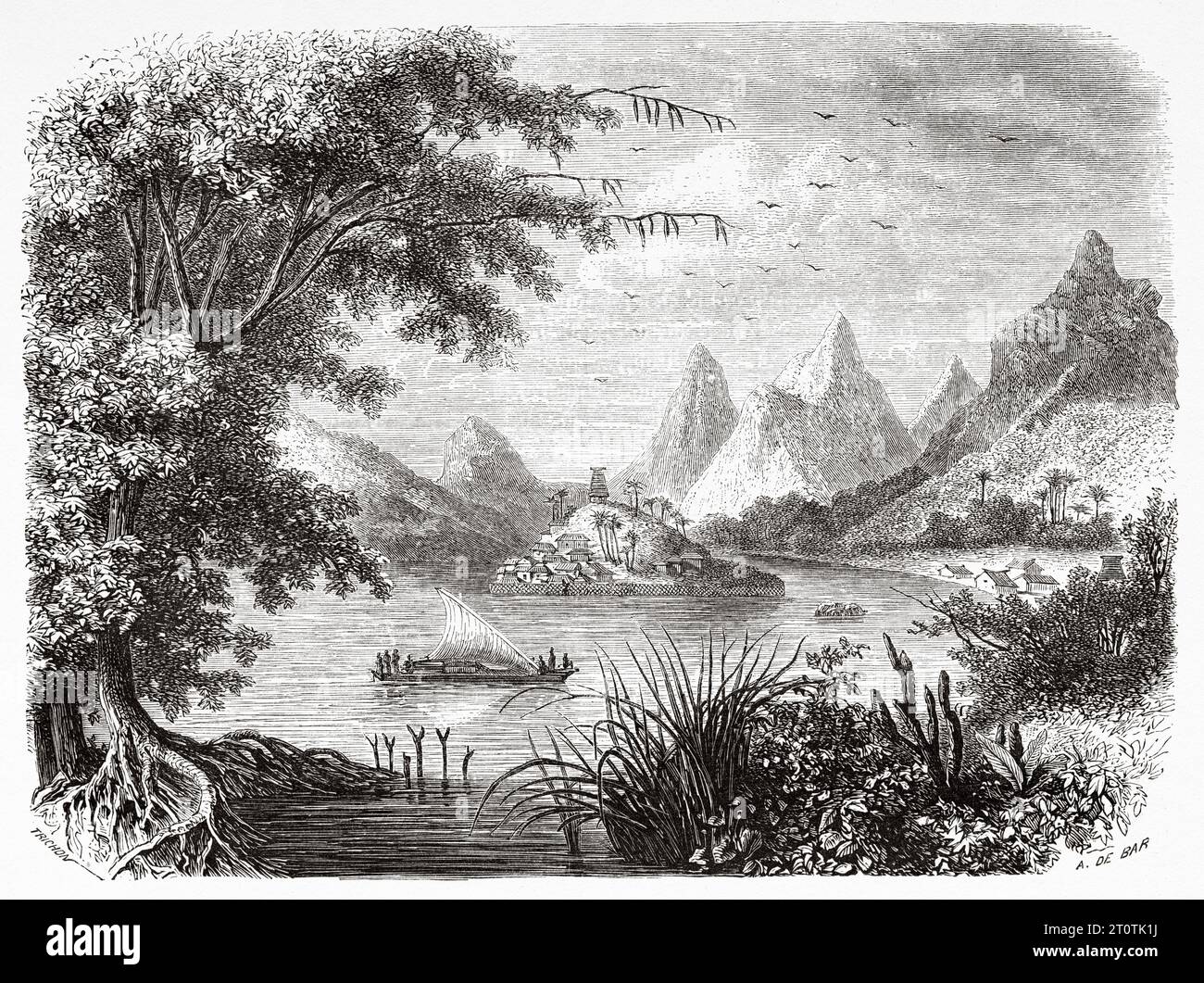 Vanua Levu Island, Fiji islands. Melanesia, Oceania in the southwestern Pacific Ocean. Voyage to the Great Viti, great equinoctial ocean by John Denis Macdonald 1855. Old 19th century engraving from Le Tour du Monde 1860 Stock Photo
