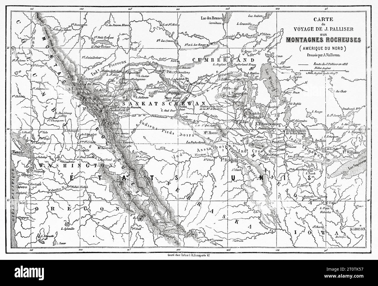 J Palliser's Rocky Mountains Travel Map, USA. Exploration of the Rocky Mountains in 1857-1859 by Captain John Palliser. Old 19th century engraving from Le Tour du Monde 1860 Stock Photo