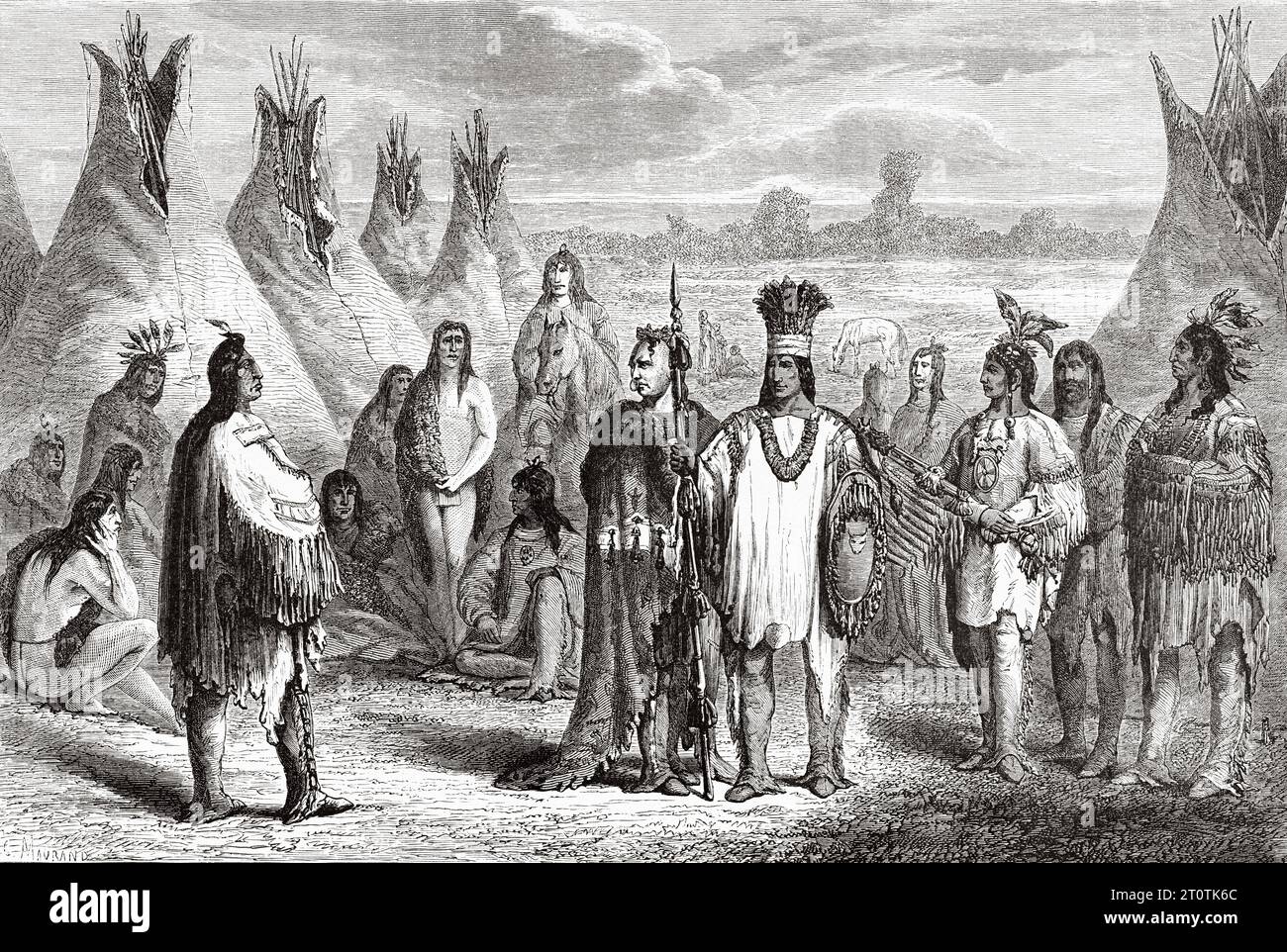 Cree indians, USA. Exploration of the Rocky Mountains in 1857-1859 by Captain John Palliser. Old 19th century engraving from Le Tour du Monde 1860 Stock Photo