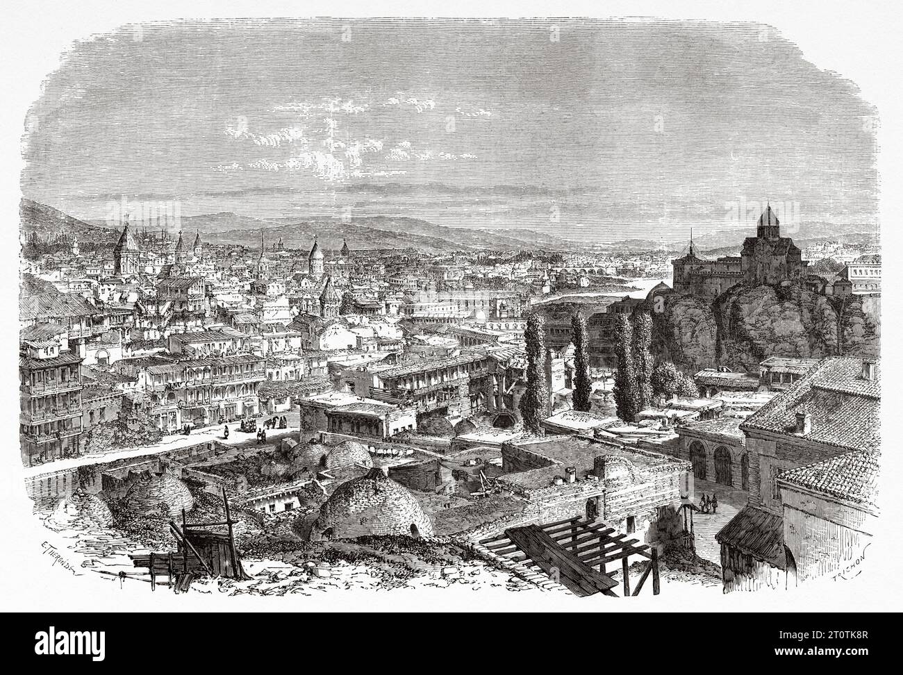 Old view of Tbilisi, Georgia. Voyage to the Black Sea and the Caspian Sea in 1858 by Moynet. Old 19th century engraving from Le Tour du Monde 1860 Stock Photo