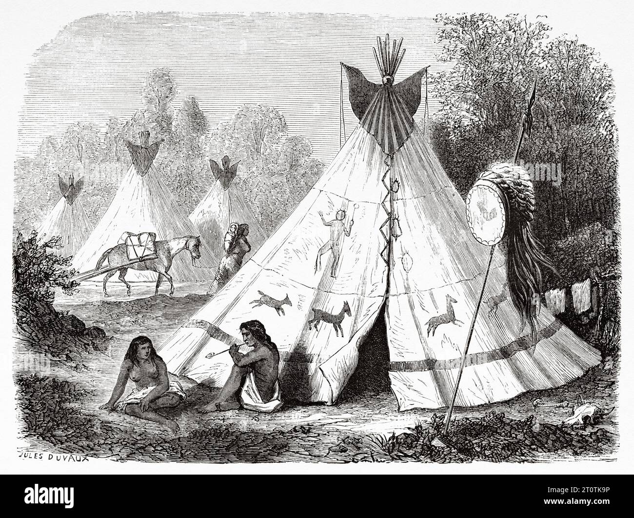 Comanche Indian Camp. USA. Voyage of Heinrich Balduin Mollhausen from the Mississippi river to the shores of the Pacific Ocean 1853–1854. Old 19th century engraving from Le Tour du Monde 1860 Stock Photo