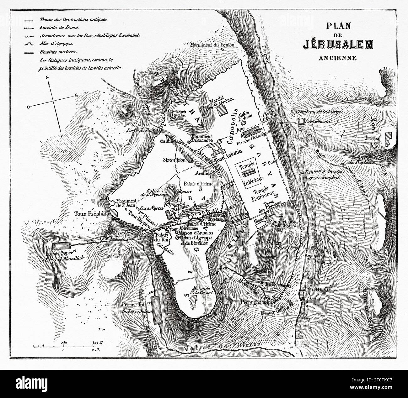 Jerusalem old city map. Travels in Palestine, 1856-1859. Old 19th century engraving from Le Tour du Monde 1860 Stock Photo