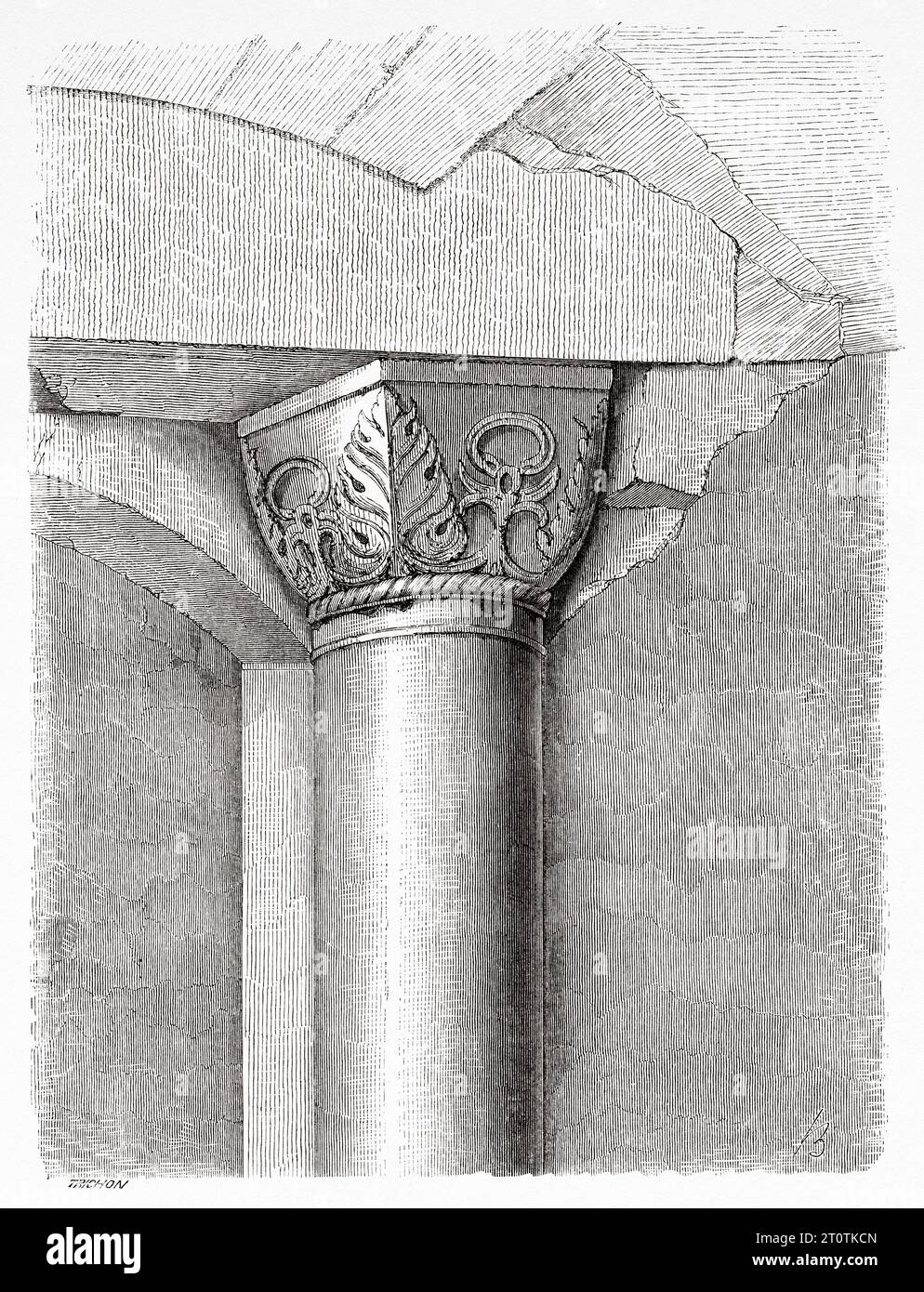 Pillar in the underground of the Temple of Solomon, Jerusalem. Travels in Palestine, 1856-1859. Old 19th century engraving from Le Tour du Monde 1860 Stock Photo