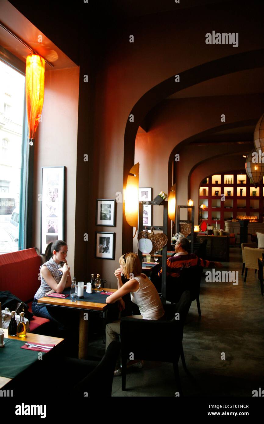 People sitting at No Stress Restaurant on Dusni 10, Josefov, Prague, Czech Republic. Stock Photo
