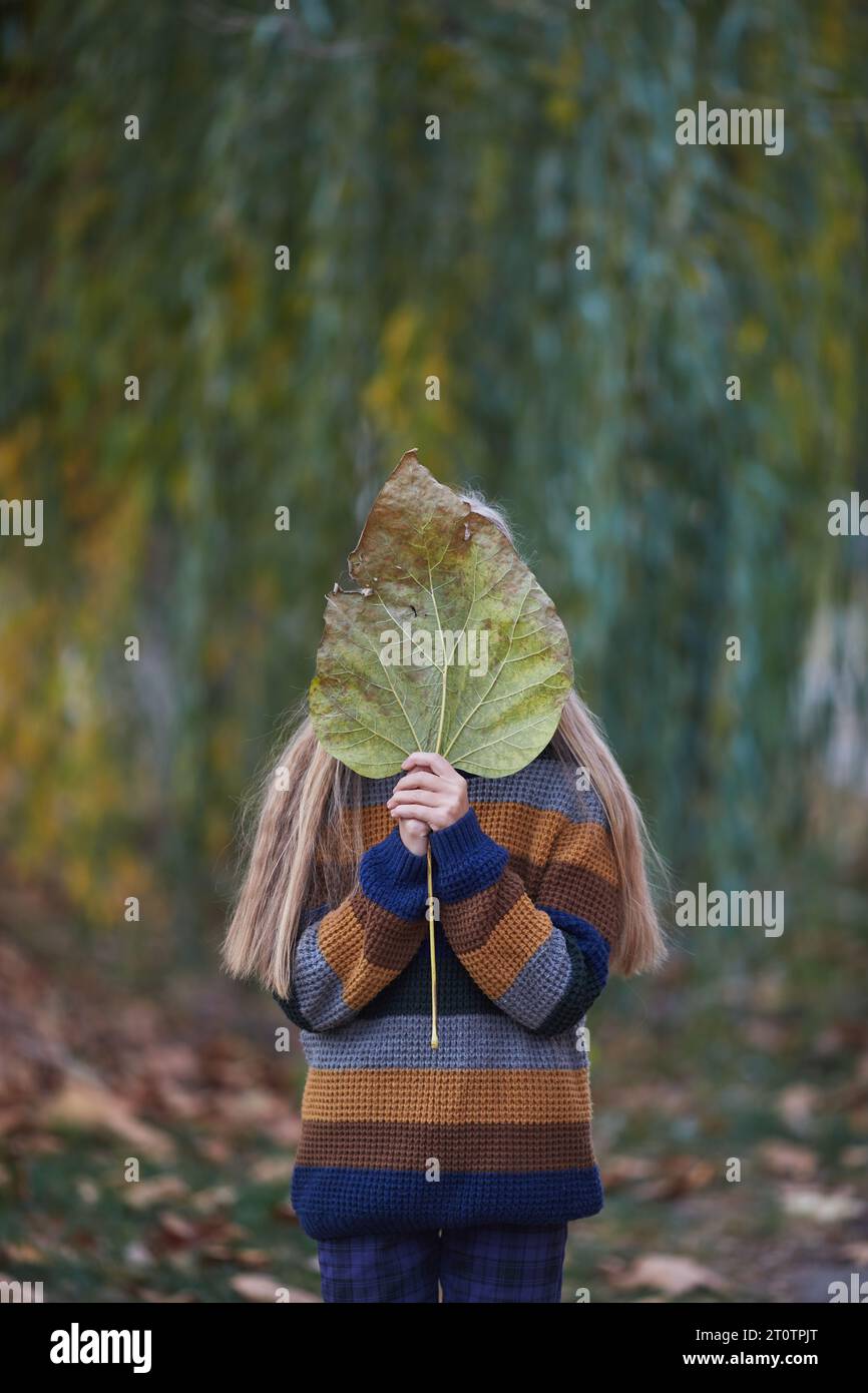 tween girl hiding her face with big autumn leaf Stock Photo