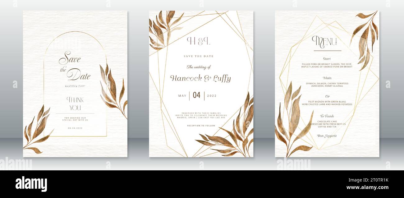 Luxury wedding invitation card template design with gold nature leaf ...