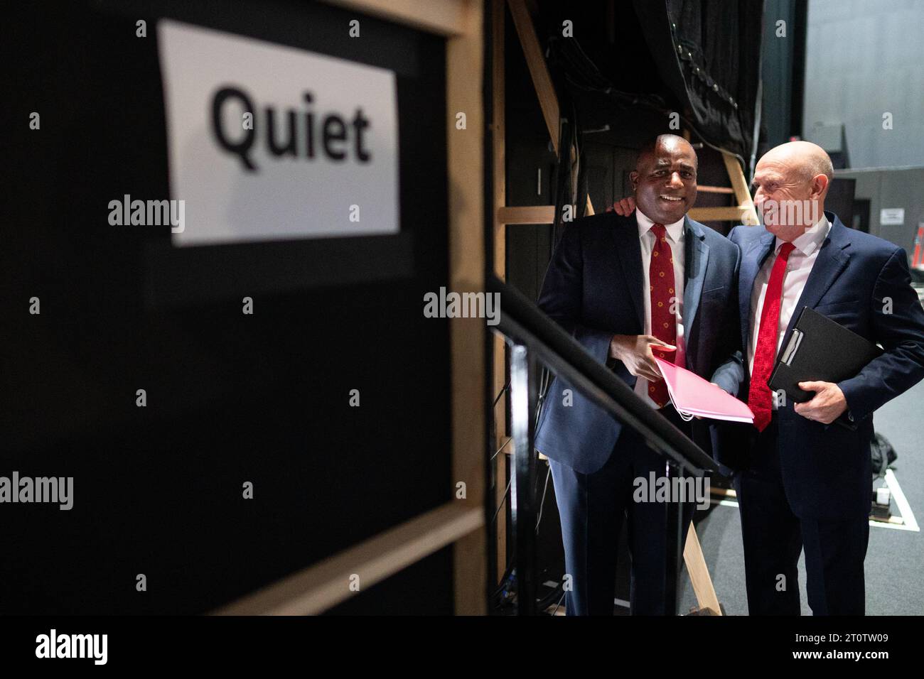 Shadow Foreign Secretary David Lammy Left And Shadow Defence   Shadow Foreign Secretary David Lammy Left And Shadow Defence Secretary John Healey Wait Backstage Before Delivering Speeches To Mondays Session Of The Labour Party Conference In Liverpool Picture Date Monday October 9 2023 2T0TW09 