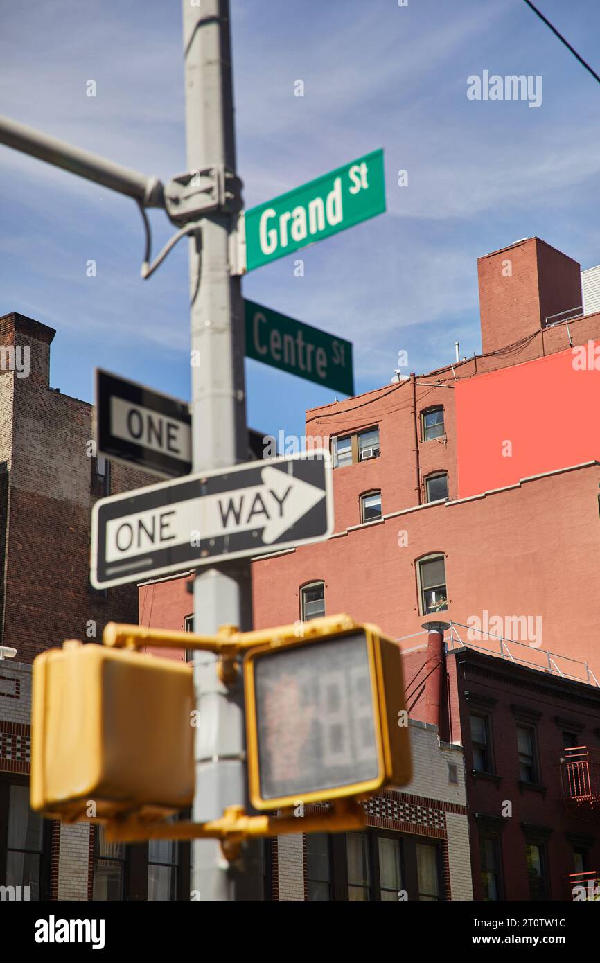 buildings and traffic signs showing directions on crossroad in new york