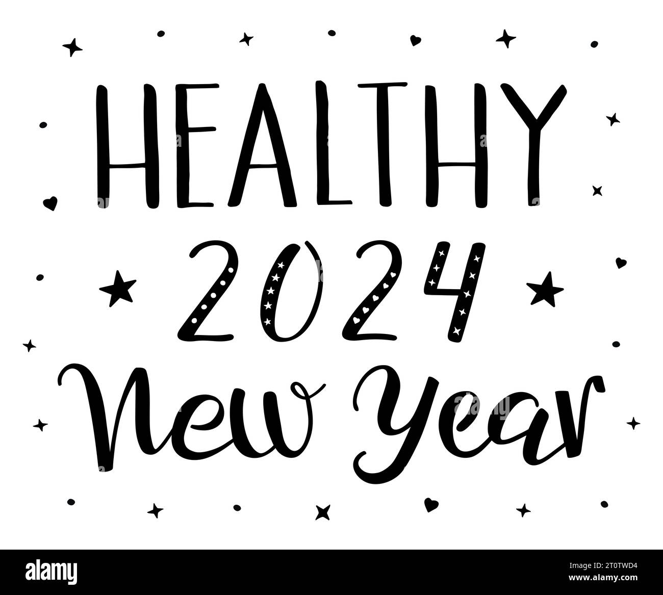 Healthy New Year 2024 handwritten modern brush calligraphy. Black and