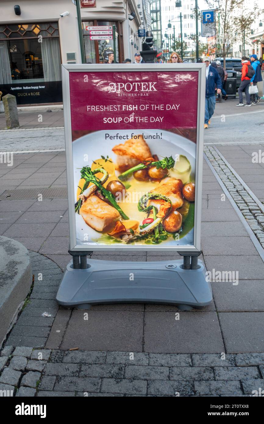 Apotek Kitchen And Bar Lunch Menu Advertising Sign Pavement Sidewalk, Reykjavik Iceland Stock Photo